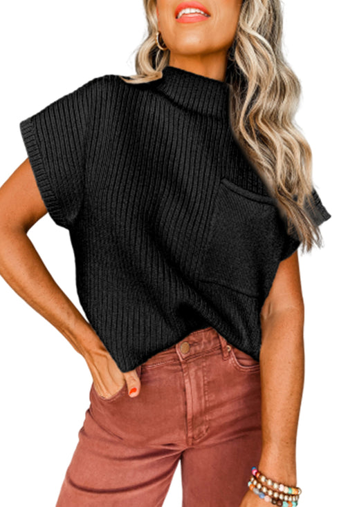 Ribbed Mock Neck Patch Pocket Drop Shoulder Short Sleeve Sweater